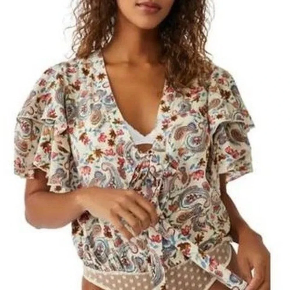Free People Intimately Call Me Later Paisley Floral Ruffle Tie Front Bodysuit XS